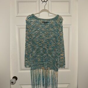 Teal and Beige Fringe Knit Sweater or cover